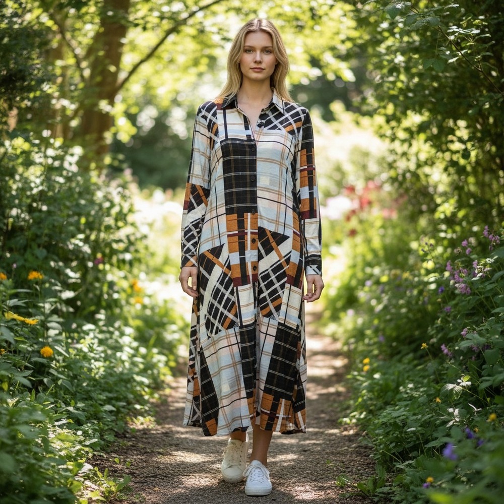 331. Attitudes by Renee Plaid Patchwork Maxi Shirt Dress Size M